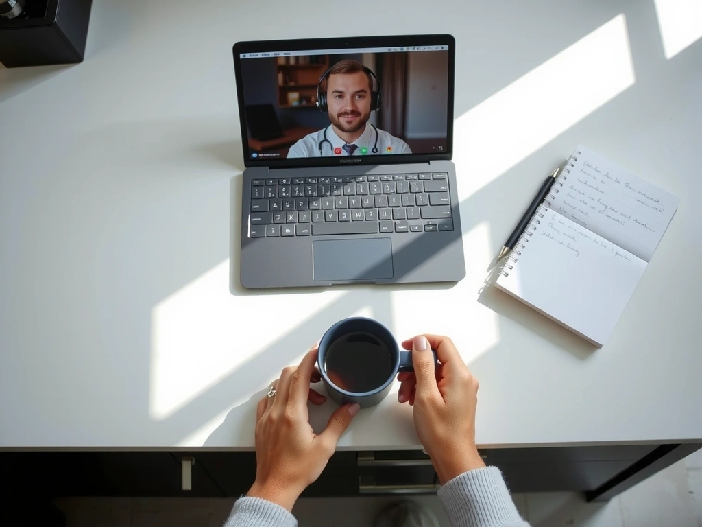 Widok z góry na laptop z otwartym wideoczatem i notatki na kuchennym blacie